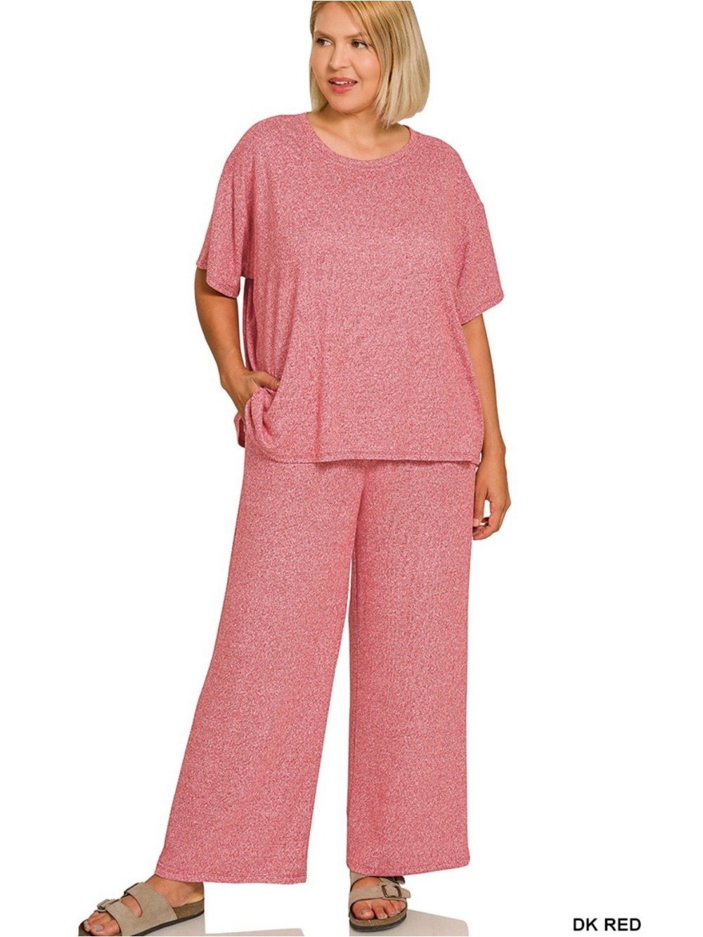 NEW!Plus Size Dark Red Plus soft melange short sleeve tee & long pants set SZ 2X